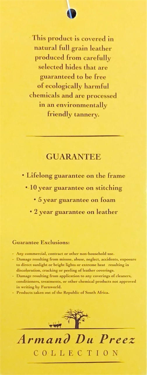 Armand du Preez Collection Lifetime Guarantee Card