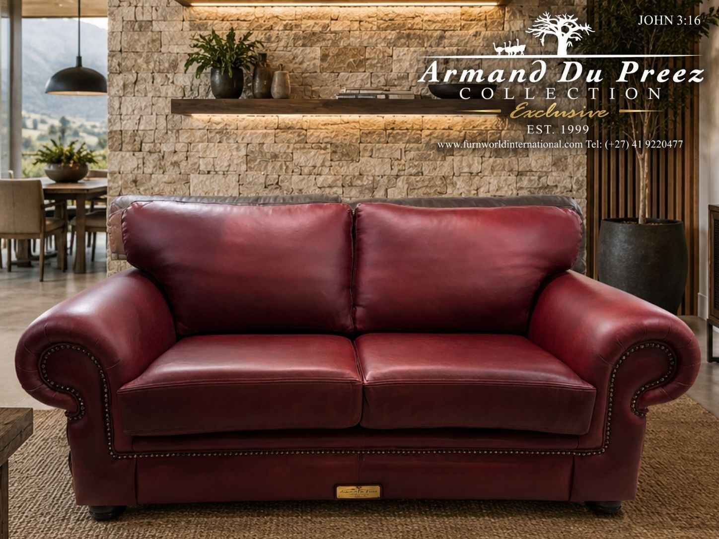 Kudu Cherry Wood Red Genuine Leather Couch | Armand du Preez Collection