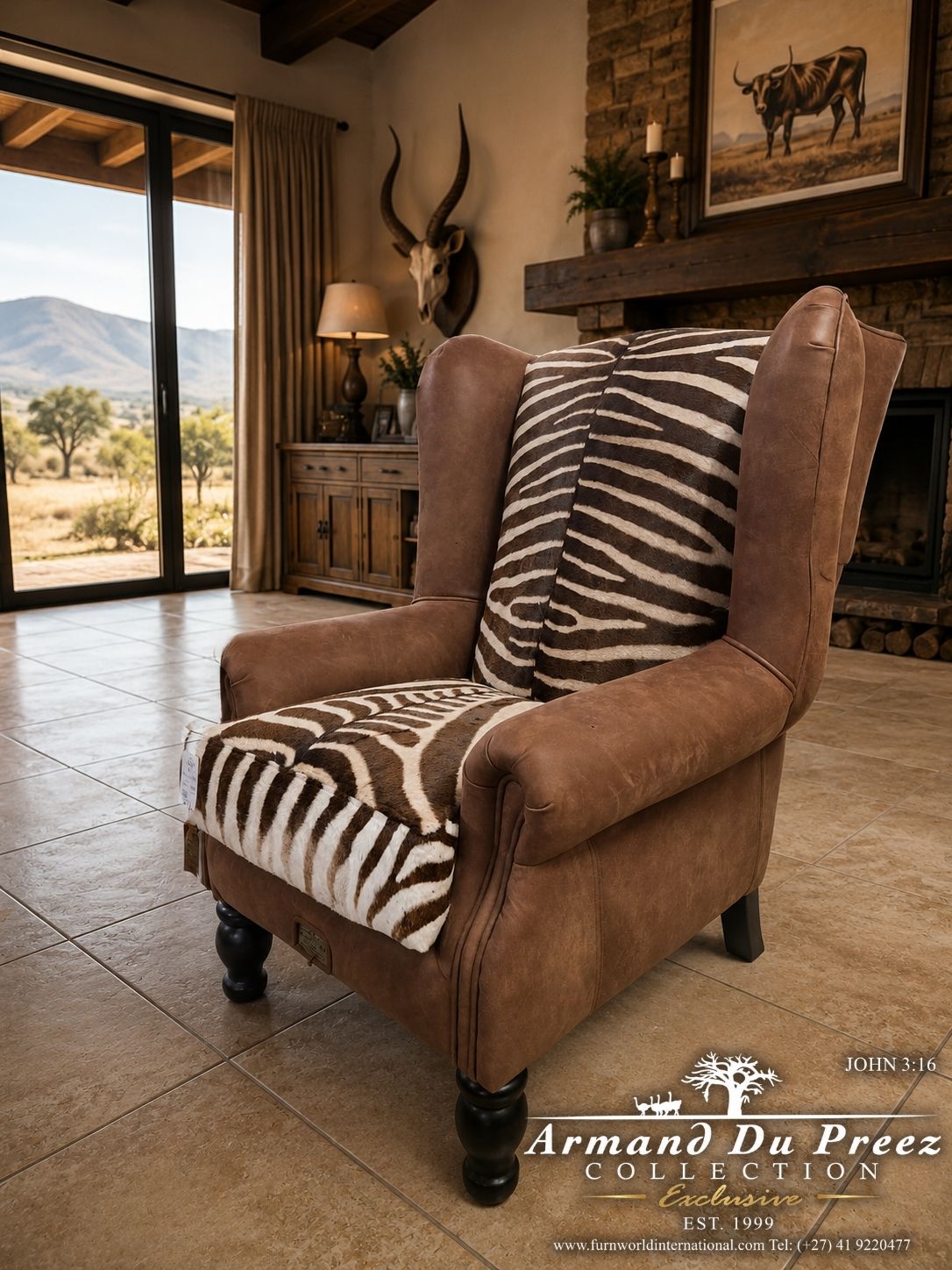 Genuine zebra skin Imperial Wingback Chair with Caterpillar genuine leather by the Armand du Preez Collection