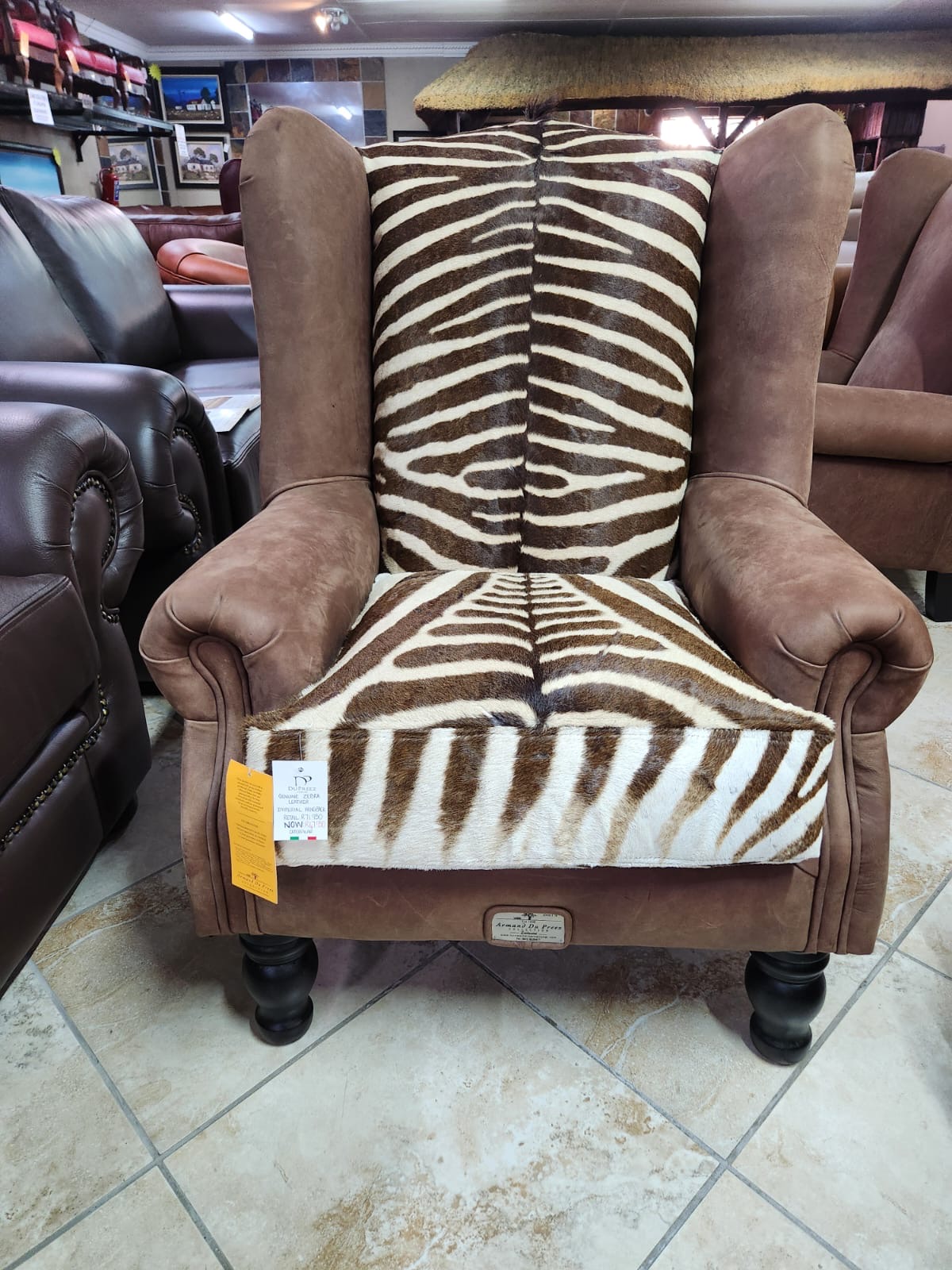 First alternate view of genuine zebra skin Imperial Wingback Chair with Caterpillar leather