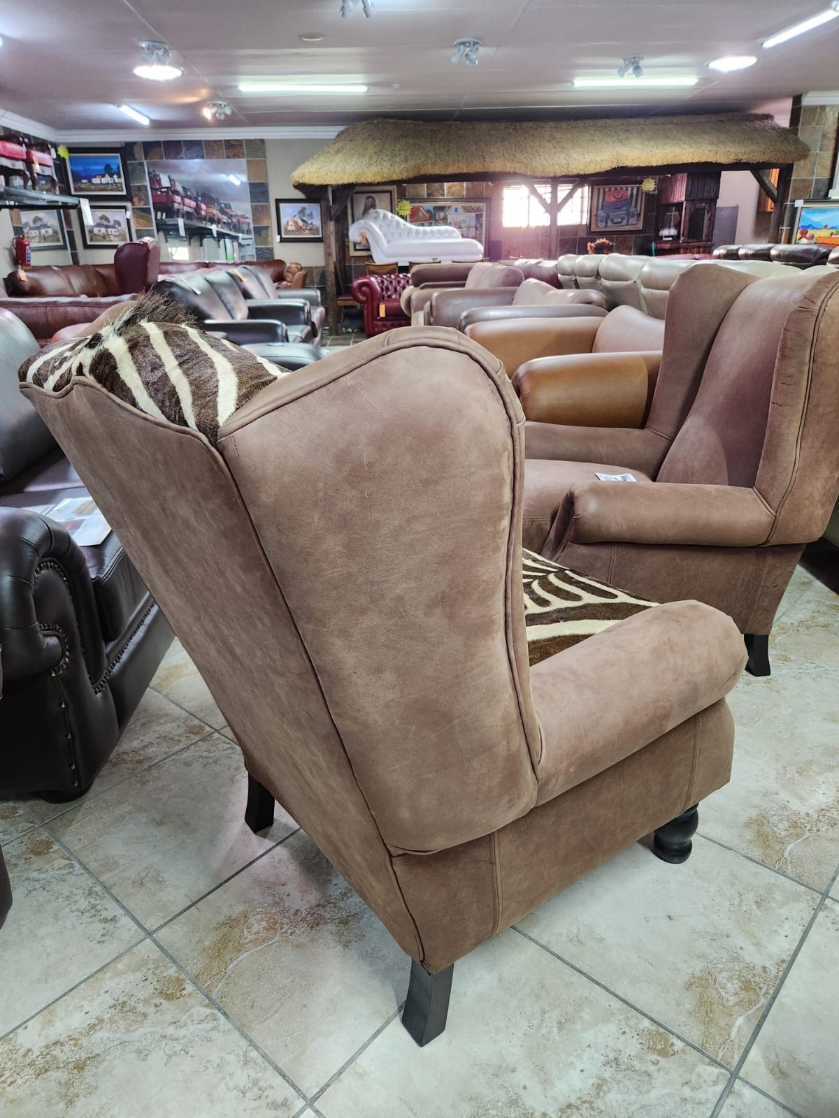 Second alternate view of genuine zebra skin Imperial Wingback Chair with Caterpillar leather