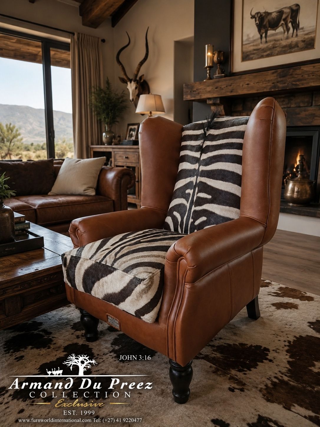 Genuine zebra skin Imperial Wingback Chair with Rustic genuine leather by the Armand du Preez Collection