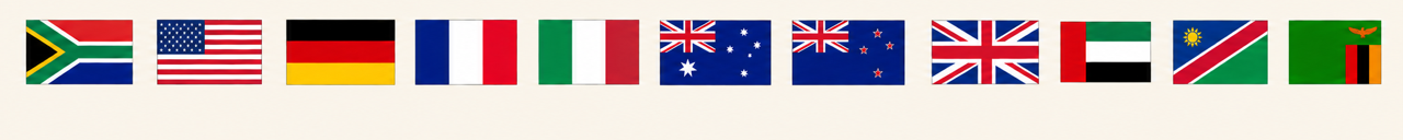 Worldwide delivery destinations represented by international flags for the Armand du Preez Collection